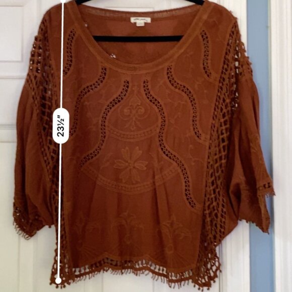 Ultra Pink Boho Batwing Top Brown Knit, Crochet Trim, Size Large - Picture 5 of 10